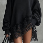 24-Hour-Shipping Black Oversized Mini Dress With Lace Hem