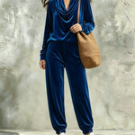 Black Velvet Cowl-neck Top And Loose-fitting Cuffed-hem Pants Set