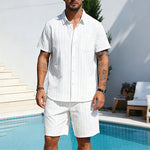 KZZ Men's Summer Striped Linen Shirt and Straight-Leg Shorts Set