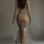 24-Hour-Shipping Leopard Print Deep V-Neck Mermaid Dress
