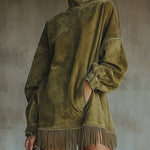 24-Hour-Shipping Olive Faux Suede Turtleneck Dress With Fringe Hem