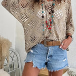 Bohemian V-neck Diamond-patterned Openwork Batwing Sleeve Knit Top