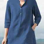 Zeagoo Solid Color Mid Sleeve Shirt Retro Urban Casual Stand Collar Loose Blouses