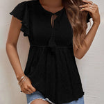 Zeagoo Eyelet Tie-Neck Flutter-Sleeve Top Solid Color Casual Blouse for Women Casual Work Office Loose Fit 2026 | Under $40