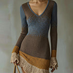 Multicolor Knit Mini Dress With Lace Ruffle Trim