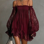 Navy Off-Shoulder Lace Trim Chiffon Mini Dress With Sheer Sleeves