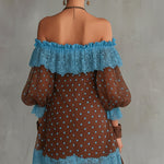 Brown And Blue Off-Shoulder Polka Dot Lace Mini Dress