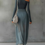 Blue Stretch Knit Chiffon Off-shoulder Maxi Dress With Slit Hem