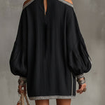 Black Boho Cold Shoulder Lantern Sleeve Linen Mini Dress