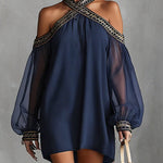 Navy Off-Shoulder Chiffon Mini Dress