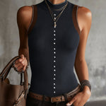 Gray Ribbed Knit Sleeveless Vest With Pearl Button Detailing