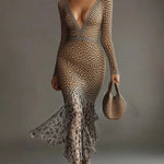 24-Hour-Shipping Leopard Print Deep V-Neck Mermaid Dress