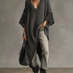 24-Hour-Shipping Gray Asymmetric Hem Loose Knit Dress With Crochet Mid Sleeves