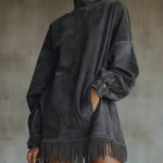24-Hour-Shipping Olive Faux Suede Turtleneck Dress With Fringe Hem