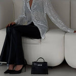 Stylish Sequined Collared Long-sleeved Shirt