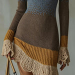 Multicolor Knit Mini Dress With Lace Ruffle Trim