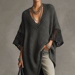 24-Hour-Shipping Gray Asymmetric Hem Loose Knit Dress With Crochet Mid Sleeves