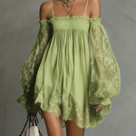 Navy Off-Shoulder Lace Trim Chiffon Mini Dress With Sheer Sleeves