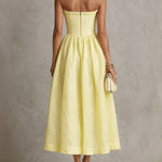 Yellow Strapless Floral Applique Midi Dress