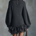 24-Hour-Shipping Gray Knit Mini Dress With Ruffled V-Neckline And Chiffon Hem