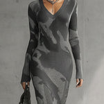 Yohers Olive Camo Knit V-Neck Fringe Hem Bodycon Dress