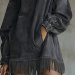 24-Hour-Shipping Olive Faux Suede Turtleneck Dress With Fringe Hem