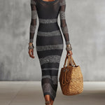 24-Hour-Shipping Gray And White Knit Bodycon Dress With Leopard Stripe Detailing