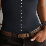 Gray Ribbed Knit Sleeveless Vest With Pearl Button Detailing