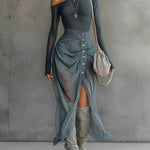 Blue Stretch Knit Chiffon Off-shoulder Maxi Dress With Slit Hem