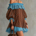 Brown And Blue Off-Shoulder Polka Dot Lace Mini Dress