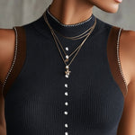 Gray Ribbed Knit Sleeveless Vest With Pearl Button Detailing