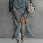 Blue Stretch Knit Chiffon Off-shoulder Maxi Dress With Slit Hem