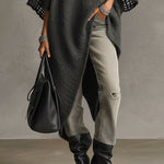 24-Hour-Shipping Gray Asymmetric Hem Loose Knit Dress With Crochet Mid Sleeves