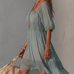 Blue Pleated Lace Midi Dress