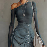 Blue Stretch Knit Chiffon Off-shoulder Maxi Dress With Slit Hem