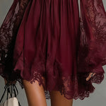 Navy Off-Shoulder Lace Trim Chiffon Mini Dress With Sheer Sleeves