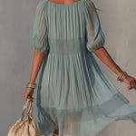 Blue Pleated Lace Midi Dress