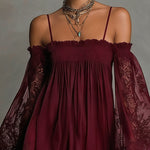 Navy Off-Shoulder Lace Trim Chiffon Mini Dress With Sheer Sleeves