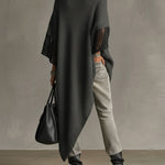24-Hour-Shipping Gray Asymmetric Hem Loose Knit Dress With Crochet Mid Sleeves