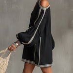 Black Boho Cold Shoulder Lantern Sleeve Linen Mini Dress