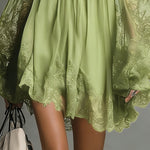 Navy Off-Shoulder Lace Trim Chiffon Mini Dress With Sheer Sleeves