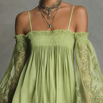 Navy Off-Shoulder Lace Trim Chiffon Mini Dress With Sheer Sleeves