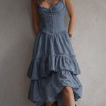 Retro Boho Corset Tiered Midi Dress With Lace-Trim