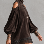 Dark Brown Corduroy Cold Shoulder Turtleneck Lace Hem Mini Dress