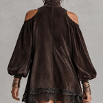 Dark Brown Corduroy Cold Shoulder Turtleneck Lace Hem Mini Dress