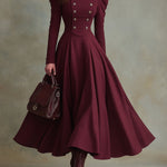 Retro Burgundy Stand Collar Puff Sleeve Maxi Dress with Double-Breasted Button
