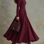 Retro Burgundy Stand Collar Puff Sleeve Maxi Dress with Double-Breasted Button