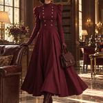 Retro Burgundy Stand Collar Puff Sleeve Maxi Dress with Double-Breasted Button