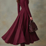 Retro Burgundy Stand Collar Puff Sleeve Maxi Dress with Double-Breasted Button