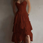 Retro Boho Corset Tiered Midi Dress With Lace-Trim
